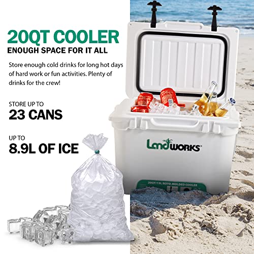 Landworks Rotomolded Ice Cooler 20QT (Upgraded) Up to 5 Day Ice Retention Commercial Grade Food Safe Dry Ice Compatible UV Protection 15mm Gasket Bottle Openers Low Profile Latches