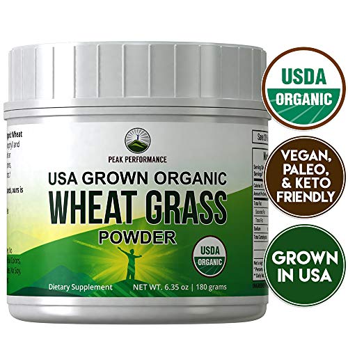 Organic Wheatgrass Powder by Peak Performance. Organic Wheat Grass Juice Powder Vegan Superfood Supplement Rich in Fiber, Antioxidants and Chlorophyll. USA Grown, Non Irradiated, Non GMO, Gluten Free
