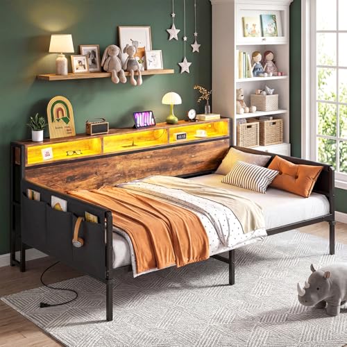 112*195*105CM Grande Sofa, Sofá Cama, Sofá Cama Individual con Respaldo con Almacenaje, luz LED y Toma de Corriente, Sofá Para Sala Apto Para Colchón de 100*190 (Sin Colchón)（Color Retro）