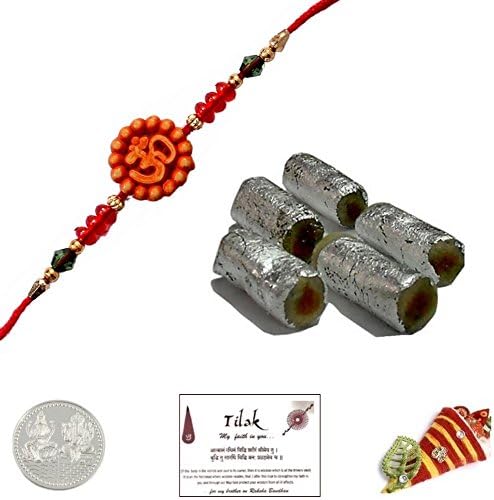 Om Rakhi with Rajbhog 225 Grams Kaju Rolls Laxmi Ganesh Coin