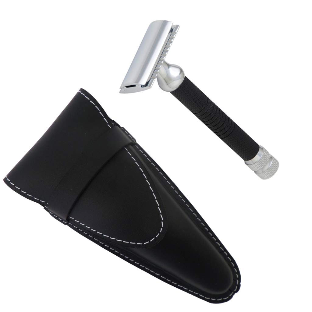 Chrome and Graphite Closed Comb Safety Razor with Leather Case - Castiles Original