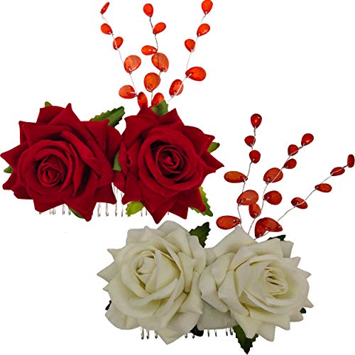 Rose Hair Comb Flower Hair Clips Wedding Party Havana Nights Hair Accessories for Women Stage Outfit (cream+hot red)