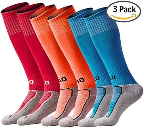 Boys/Girls Outfits Compression Long Sport Knee High Football &amp; Soccer Socks Pack (Kids/Youth Gifts) 3 Pair Red&amp;Orang&amp;Azure