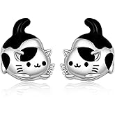 Black Cat Earrings for Women Sterling Silver Mothers Day Cute Animal Stud Earrings Hypoallergenic Studs Black and White Cat Lover Gifts