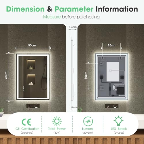 S'bagno Bluetooth Bathroom Mirror with Lighting 70 x 50 cm LED with Demister 3000K 6500K Dimmable Memory HD Tempered Glass IP44 with LED Horizontal/Vertical