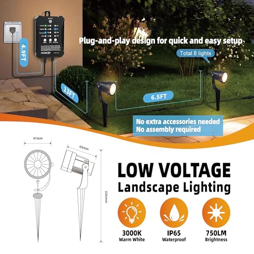 COLOER All-in-One Low Voltage Landscape Lighting Kit, 8 Pack 5W Die-cast Aluminum Landscape Lights with Transformer and Connectors, IP65 Waterproof Outdoor Spot Lights for Pathway Yard Garde