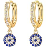 14K Gold Moissanite Evil Eye Hoop Earrings for Women,Delicate Blue Crystal Devil's Eye Huggie Drop Earrings,Fashion Christmas Jewelry Gift for Her