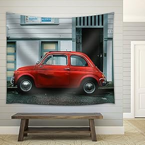 Vintage Red Car on The Street - Fabric Wall Tapestry Home Decor - 51x60 inches