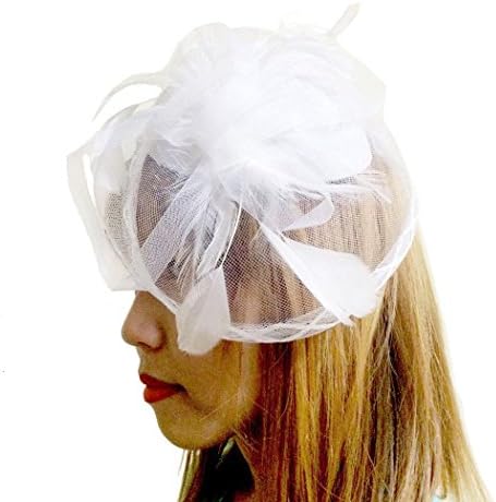 OWM Hair Clip Party Wedding Women's Vintage Flower Feather Mesh Hat Fascinator (White 01)
