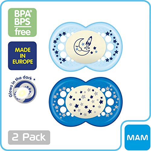 MAM Night Pacifiers , MAM Pacifiers 6+ Months, Best Pacifier for Breastfed Babies, Glow in the Dark Pacifier, Baby Boy Pacifier, 6-16 (Pack of 2)