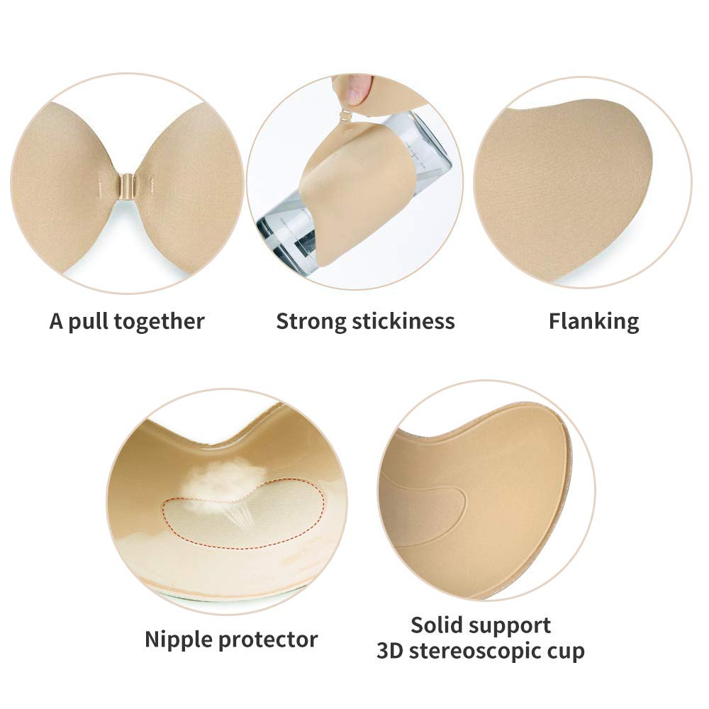 ROSE BRA Women Self Adhesive Strapless Bra Silicone Backless Sticky Bra Invisible Push Up Bra Beige