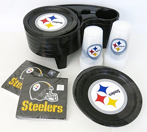 Pittsburgh Steelers Family 52 piece Family room T.V. room tailgate party tray set. Includes 4 Sturdy Thick reusable trays, 16 pf each, Steelers Plastic cups, paper plates and napkins. 52 pieces set,