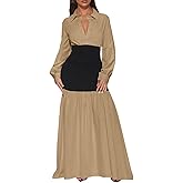 Ekaliy Women's Puff Long Sleeve Shirt Dress Elegant Button Down Loose Swing Party Maxi Dress