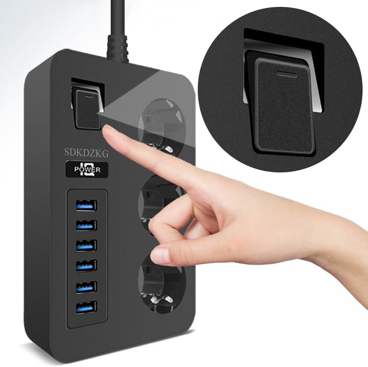 Multiprise 3 Prises Multiple (13A/3000W) avec Interrupteur Individuelles, 6 Ports de Charge USB (3.1A/5V),1.8m Adaptateur Secteur Les Câbles, Applicable à Bureaux Et Voyage en Maison (Noir)