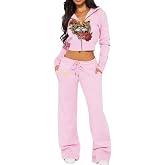 Glitrandi Womens 2 Piece Outfits Fashion Print Cropped Hoodies Jacket Sweatpants With Pockets Tracksuit For Women