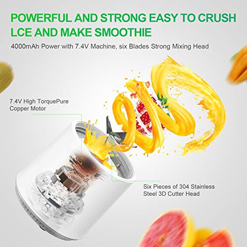 chalvh Portable Blender, 16.9 Oz Personal Blender for Shakes, Smoothie and Fruit Juice, Mini Personal Size Mixer with USB Rechargeable 6 Stainless Steel Blades, BPA Free 500ml Cup for travel-White
