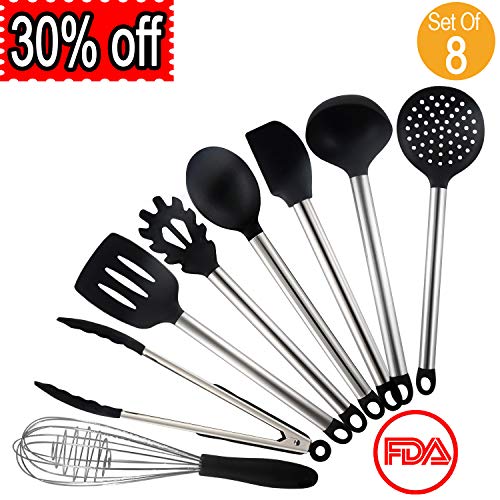 HENSUN Kitchen Utensils Set-Silicone Kitchen Serving Utensil Set-8 Cooking Utensils Set Stainless Steel - Silicone Spatula Set, Nonstick Non-Scratch And Heat Resistant Cookware Set With Holder