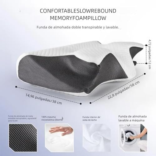 2 en 1 Almohada Memory Foam, Almohada Cervical para Aliviar el Dolor de Cuello, Contorno Ergonómico para el Dolor de Cuello, para Quienes Duermen de Lado Boca Arriba y Boca Abajo (58*38*12cm)