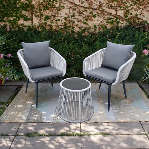 YIYAN 3 Piece Patio Bistro Set, Wicker Outdoor Patio Set with Enhanced Comfort Seating, Round Glass Top Coffee Side Table, Patio Rattan Conversation Set for Balcony, Lawn, Garden, Backyard (Gray)