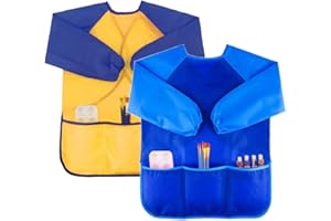 Zkptops 2 Pack Kids Art Smock Colorful Waterproof Children Art Aprons Artist Painting Aprons with Long Sleeve 3 Roomy Pockets for Age 3-7 Years,Yellow and Blue