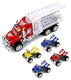 ATV Transporter Trailer Children's Friction Toy Truck Ready To Run w/ 4 Toy ATVs, No Batteries Required (Colors May Vary)