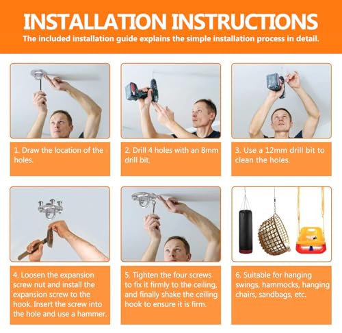 BASVII 2 Pieces Ceiling Hook Ceiling Bracket for Stainless Steel Punching Bag up to 400 kg Hanging Bracket 360° Rotation with Ring M8 for Punching Bag, Hammocks, Yoga, Hanging Chair