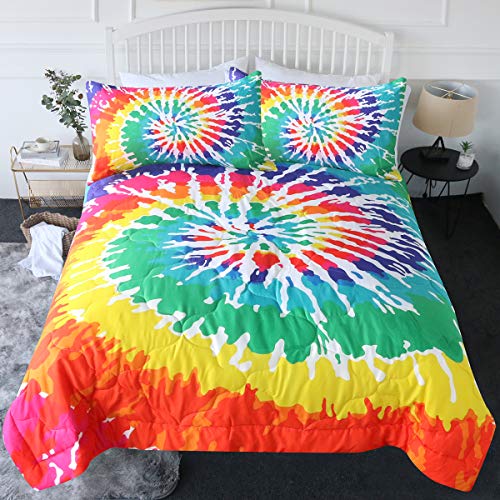 BlessLiving 3 Piece Rainbow Tie Dye Comforter Set with Pillow Shams Bedding Set 3D Printed Reversible Comforter Full/Queen Size Bedding Sets, Psychedelic Watercolor Art