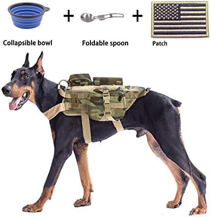 Military Tactical Service Dog Training Vest Police Molle Dog Harness Camping Hiking Traveling Nylon Adjustable Coat with 3 Detachable Pouches For Medium &amp; Large Dog –Multicam/CP XL– by YJG