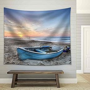 Turquoise Blue Fishing Boat at Sunrise on Bournemouth Beach with Pier in Far Distance - Fabric Wall Tapestry Home Decor - 51x60 inches