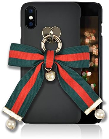 iphone X Case [HandMade Stripe Ribbon Series] Silky SF Coating Hard PC [Detachable Ring, Ivory Faux Pearl] Ultra Slim, Light Weight, Apple iphone X Cover (Green/Red/Stripes)
