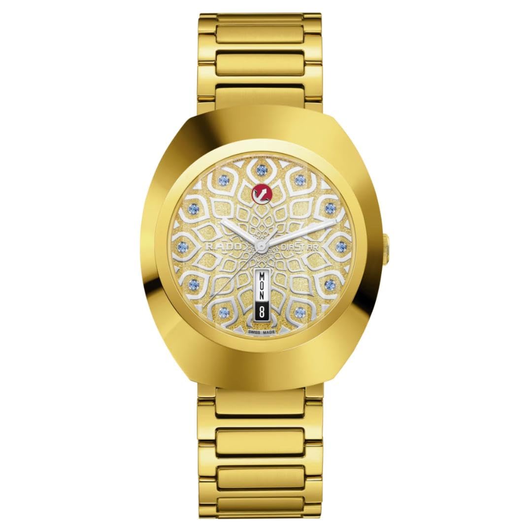 Rado DiaStar Original Automatic - Men - Swiss Watch - Ultra-Shiny Yellow Gold couloured Ceramos and PVD Coated Stainless-Steel Case - Sapphire Crystal and 11 Light Blue Cubic Zirconia on a diamond powder decoration - 80 hours of Power reserve - Automatic - 38 mm - Water Resistant down to 100 M