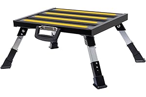 GarfatolRv RV Steps Adjustable Height Aluminum Stable Folding Platform Step Portable Handle and T Level Reflective Strips Non-Slip Rubber Feet with Anti-Slip Surface,Supports Up to 1,000 lb(Black)