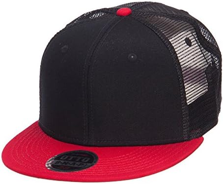 Mesh Premium Snapback Flat Bill Cap - Red Black OSFM