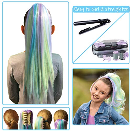 Clip on in Color Hair Extensions Hair Accessories for Girls Women Kids – Temporary & Not Messy Hair Chalk – Great for Parties, Dress up, Doll Hair Birthday Gift for girls 4-12 (Unicorn)
