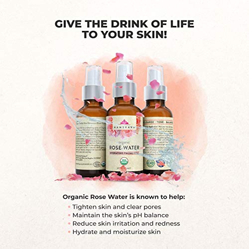 USDA Organic Rose Water Facial Toner Astringent - Anti Aging Hydrating Primer & Makeup Face Setting Spray Mist From Fresh Moroccan Rose Petal Water - 100% Natural Cleanser For Glowing Skin