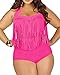 Spring Fever Women Plus Size High Waist Retro Braided Fringe Top Two Piece Swimwear Swimsuit Bikini Set E Rose Pink XXX-Large
