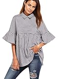 SheIn Women's Oversized Striped Ruffle Half Sleeve Collared Blouse