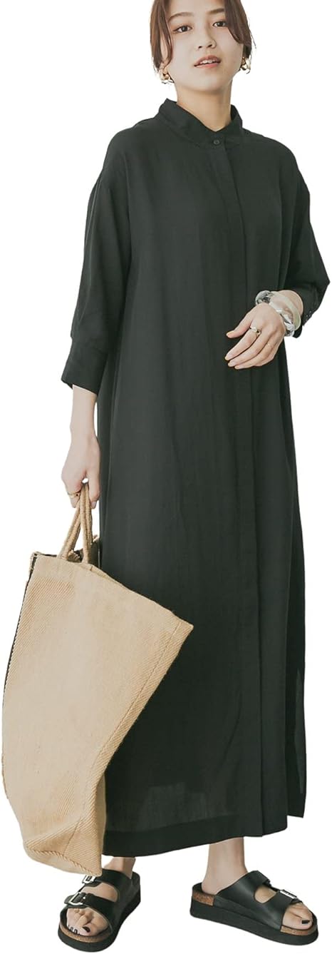 Amazon Co Jp ケービーエフ ワンピース ドレス Web限定 Kbf スタンドカラーシャツワンピース レディース Km15 26n260 Black One 服 ファッション小物