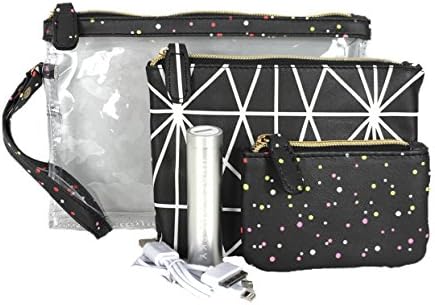 Under One Sky 3 Piece Travel Cosmetic Set with Power Bank Portable Charger, Sprinkles Black