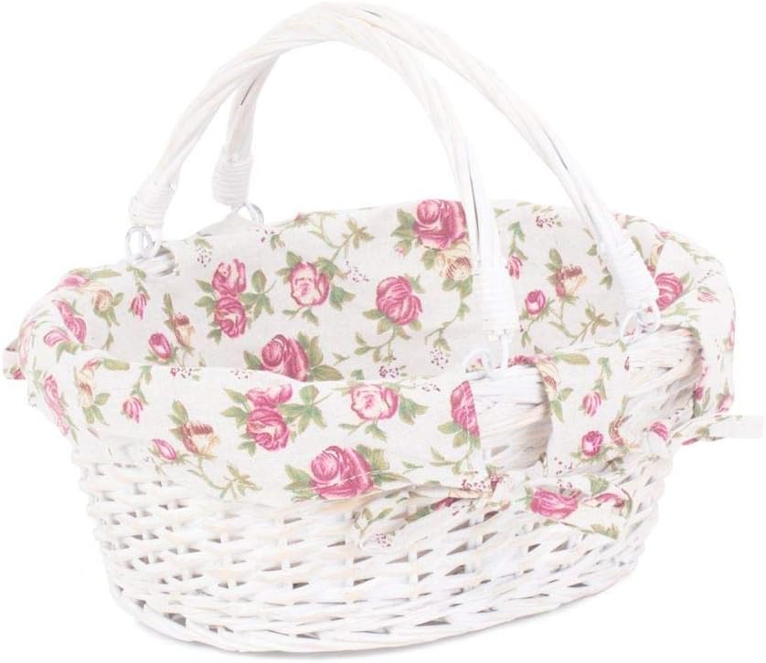 White Wicker Gift Basket With Pink Gingham Lining - Baby Shower Hamper Or Storage, 41x33x18cm