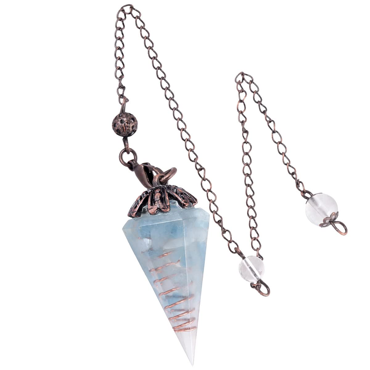Nupuyai Aquamarine Vintage Crystal Point Dowsing Pendulum for Divination Scrying, Healing Faceted Hexagonal Resin Chip Stone Pendulum with Chain