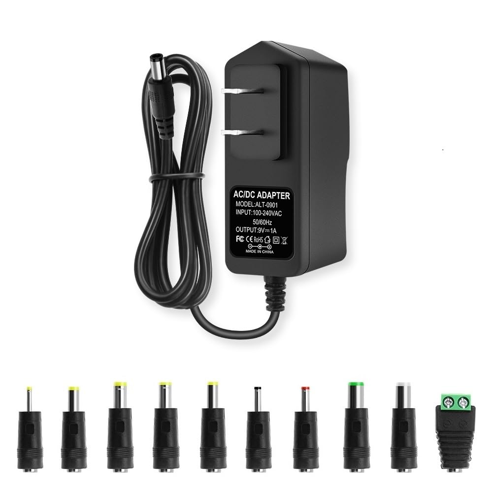 Photo 1 of 9V DC Power Supply 1A AC Adapter, 100-240V 50/60Hz to 9 Volts 1Amp Transformer, DC 9V Power Cord, 5.5mm x 2.5mm Plug & 10 Tips