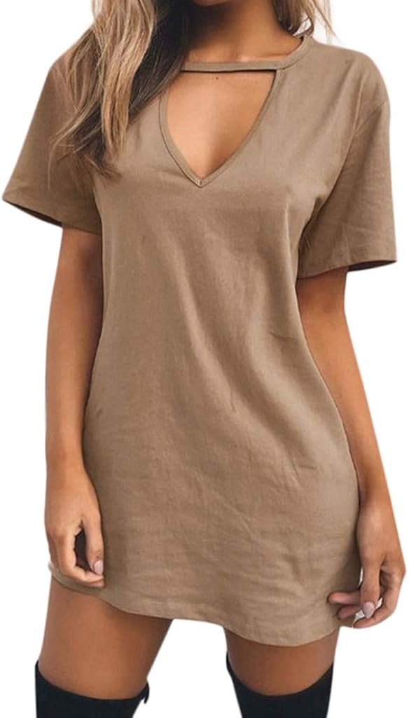 Womens Choker V Neck Long Tops T-Shirt Ladies Casual Party Mini Dress Blouse