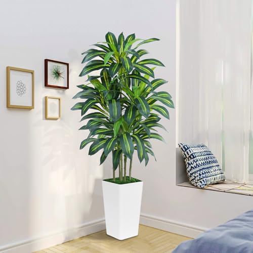 Keeplush Kunstpflanze Dracaena Pflanze 180cm mit Weißem Pflanzgefäß, Künstliche Pflanzen groß wie echt mit 108 Blätter, Kunstbaum groß für Innendekor Wohnzimmer Schlafzimmer Büro Garten Haus Decor