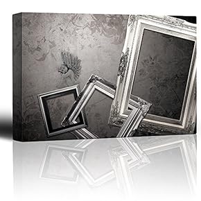 Antique Grayscale Frames with Angel on Top Sitting on a Floral Wallpaper Background - Canvas Art Home Art - 12x18 inches
