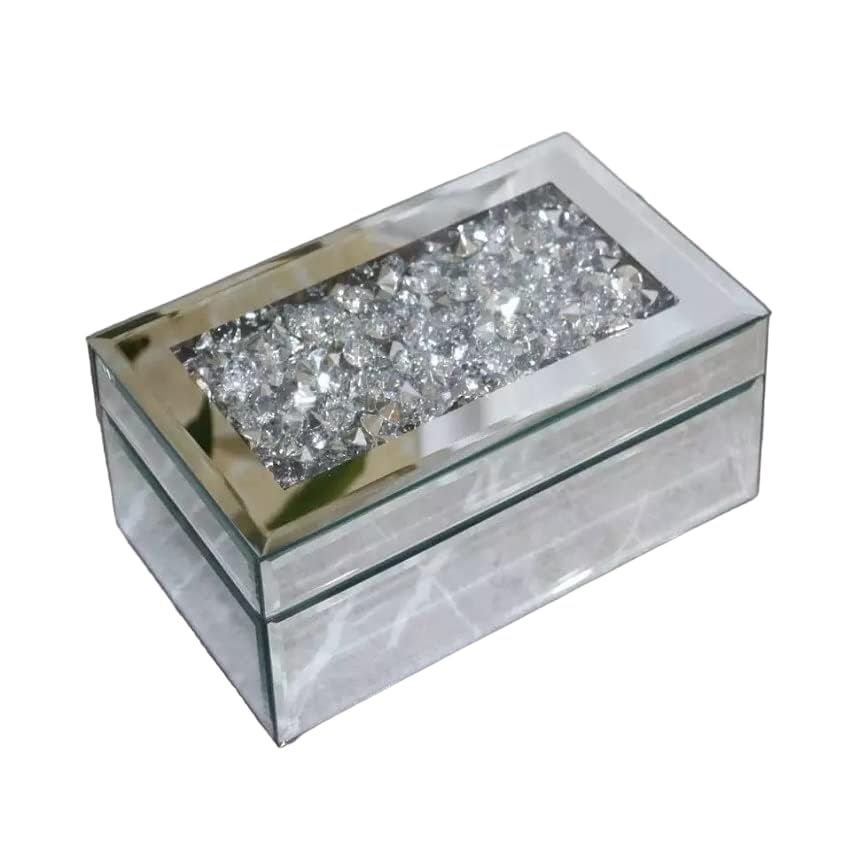 Eaglewiz Silver Crush Jewel Diamante Mirrored Glass Crystal Jewellery Organiser box Storage Crushed Diamond Chest Box Jewelry Women Trinket Drawers Organiser Boxes Makeup Container Dressing Table
