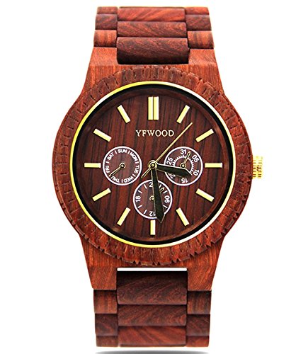 Men Women Watch Wooden Watch,Natural Sandalwood Watch with Week Date 24Hour Classic Quartz Watch Fashion Vintage Casual Watch(Red)