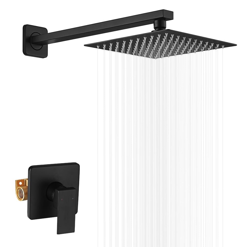Photo 1 of JingGang Matte Black Shower Faucet Set Bathroom Luxury Rainfall Shower System with Rain Shower Head Single Function Shower Trim Kit with Rough-in Valve