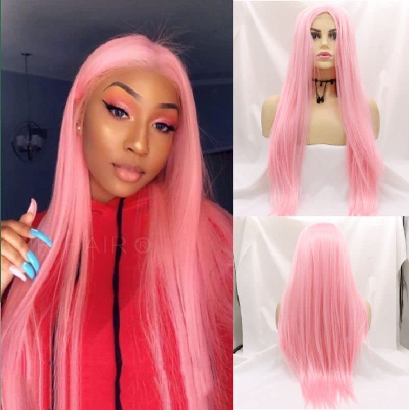 Xiweiya 24" Long Pink Silky Straight Lace Front Wigs - Synthetic Women's U Part Lace Heat Resistant Full Wigs for Pastel Cheap Halloween Cosplay