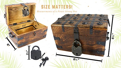 Well Pack Box Wooden Pirate Treasure Chest 8" x 6" x 5" Medium Authentic Includes Antique Strong Iron Lock With 2 Skeleton Keys Great For Parties, Halloween, Holidays and Birthdays